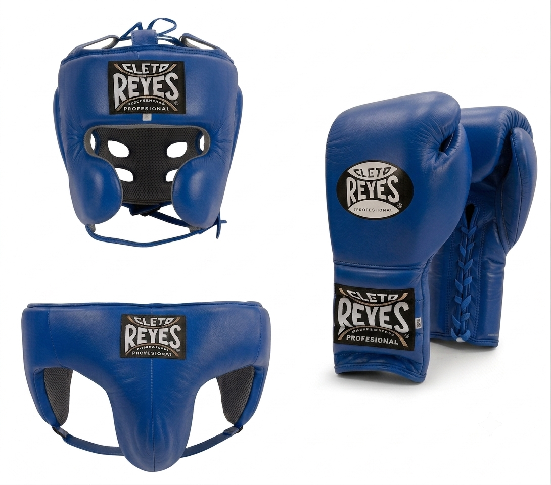 Royal blue Cleto Reyes sparring set with blue-corner gloves, headguard and groinguard