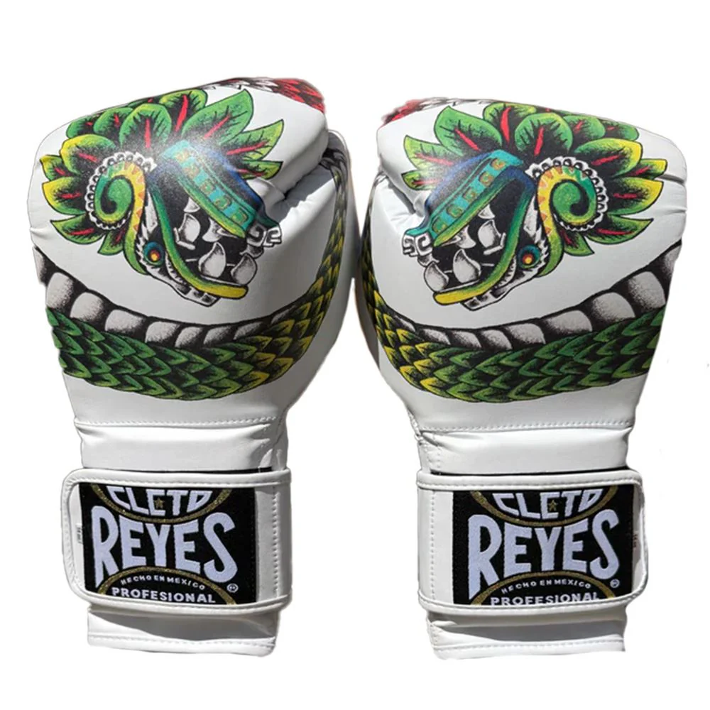 Limited edition Cleto Reyes professional hook-and-loop training boxing gloves in white leather featuring a detailed green, yellow, and red Aztec feathered serpent graphic across the striking surface.