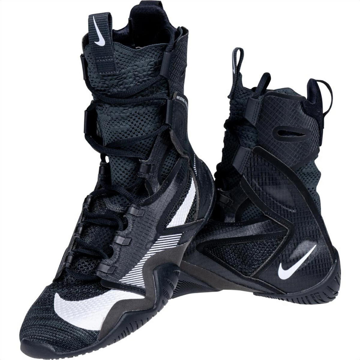 Nike Hyperko 2 black high-top boxing shoes pair with white Swoosh logos