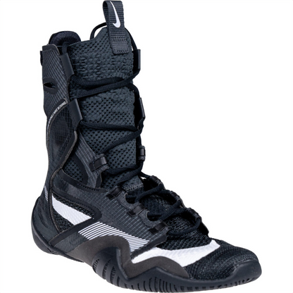 Nike Hyperko 2 black boxing shoe with white Swoosh on the pull tab