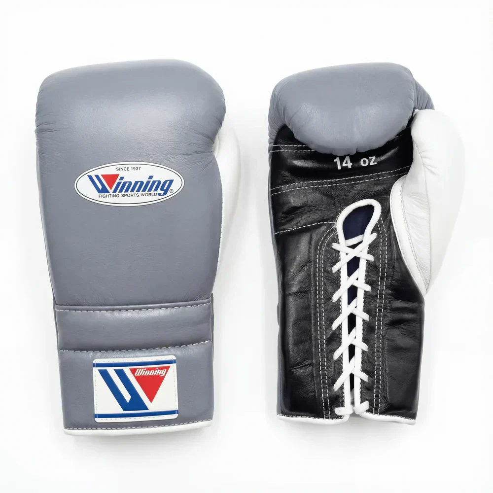 Authentic Grey, Black, and White Winning MS-500 professional lace-up boxing gloves handcrafted in Japan with premium leather.