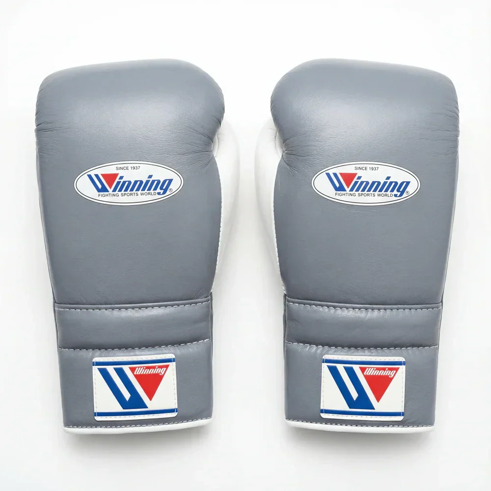 Authentic Grey, Black, and White Winning MS-500 professional lace-up boxing gloves handcrafted in Japan with premium leather.