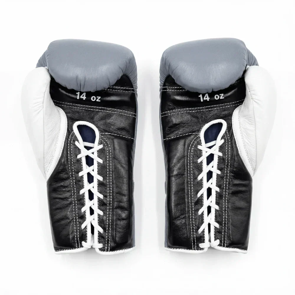 Authentic Grey, Black, and White Winning MS-500 professional lace-up boxing gloves handcrafted in Japan with premium leather.