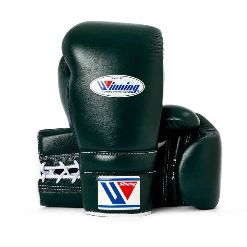 Authentic Dark Green Winning MS-600 professional lace-up boxing gloves handcrafted in Japan with premium leather.