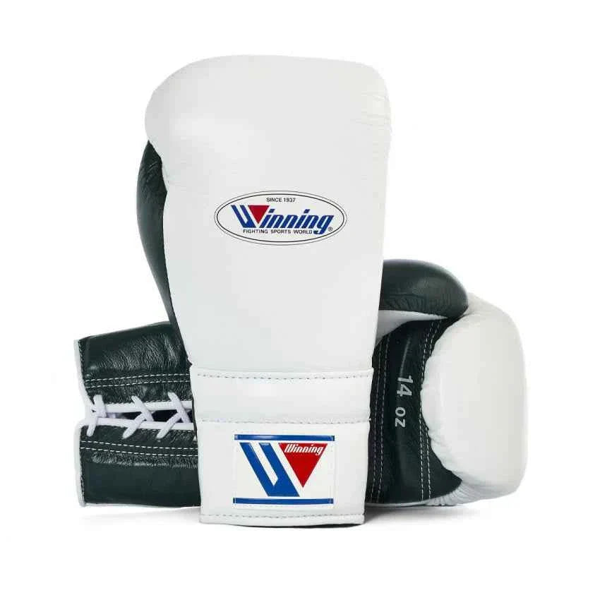 Authentic White and Black Winning MS-500 professional lace-up boxing gloves handcrafted in Japan with premium leather.