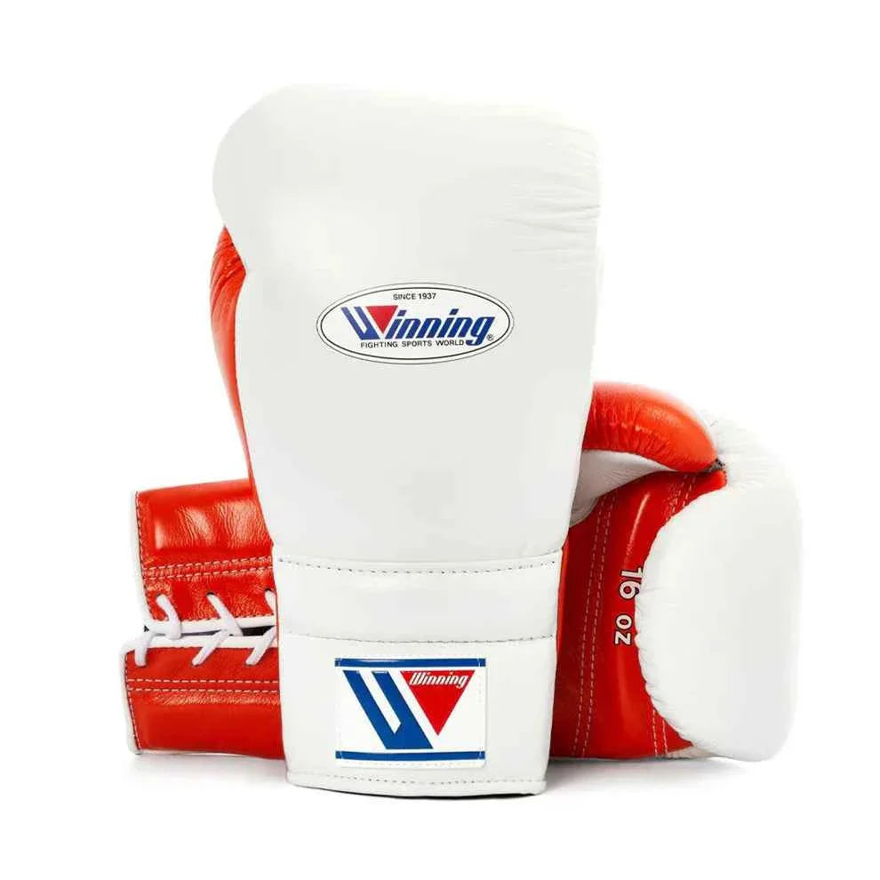 Authentic White and Red Winning MS-600 professional lace-up boxing gloves handcrafted in Japan with premium leather.