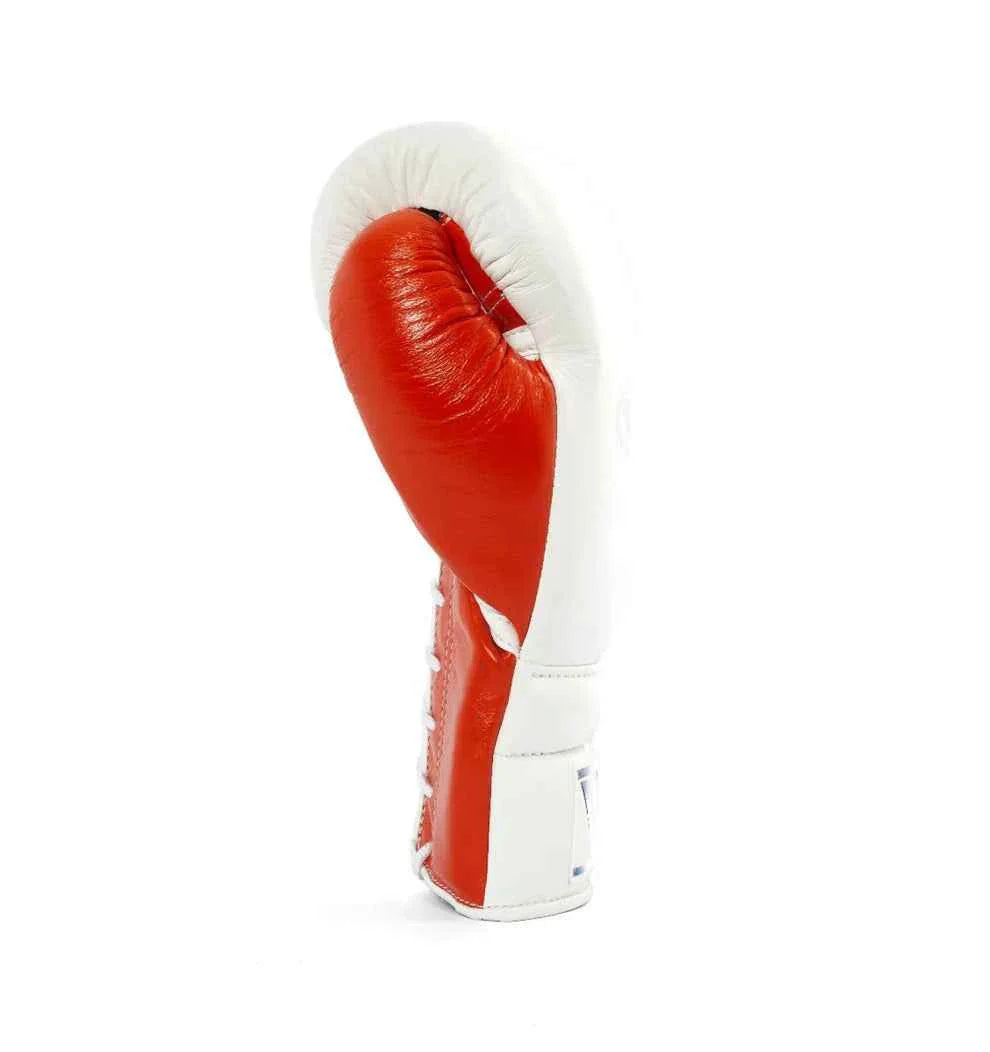 Authentic White and Red Winning MS-600 professional lace-up boxing gloves handcrafted in Japan with premium leather.