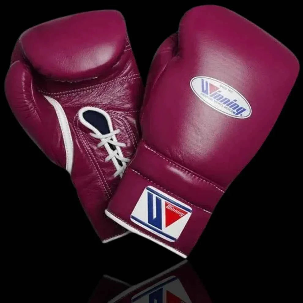 Authentic Maroon and White Winning MS-600 professional lace-up boxing gloves handcrafted in Japan with premium leather.
