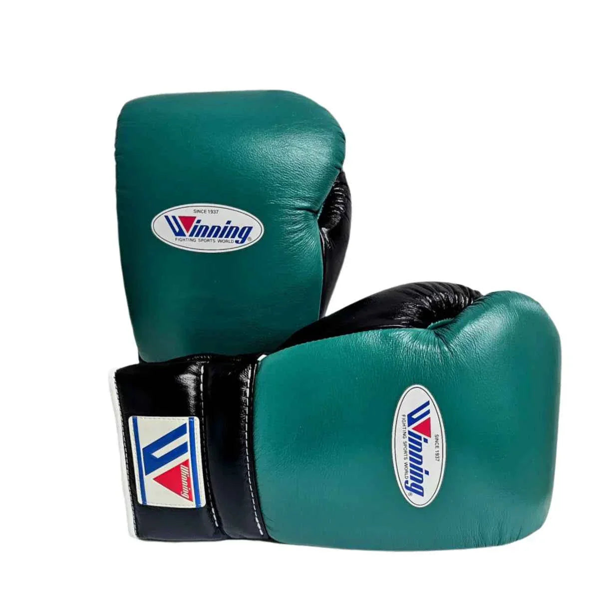 Authentic Winning MS-600-B professional velcro boxing gloves in forest green and black premium leather.