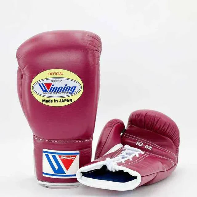 Authentic maroon Winning MS-300 professional lace-up boxing gloves handcrafted in Japan with official branding.