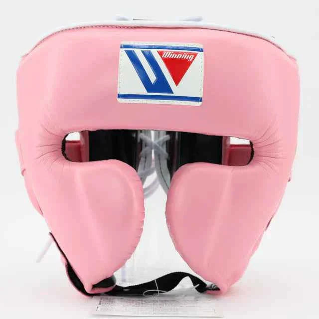 Authentic pink Winning FG-2900 professional boxing headgear with premium leather and lace-top closure.