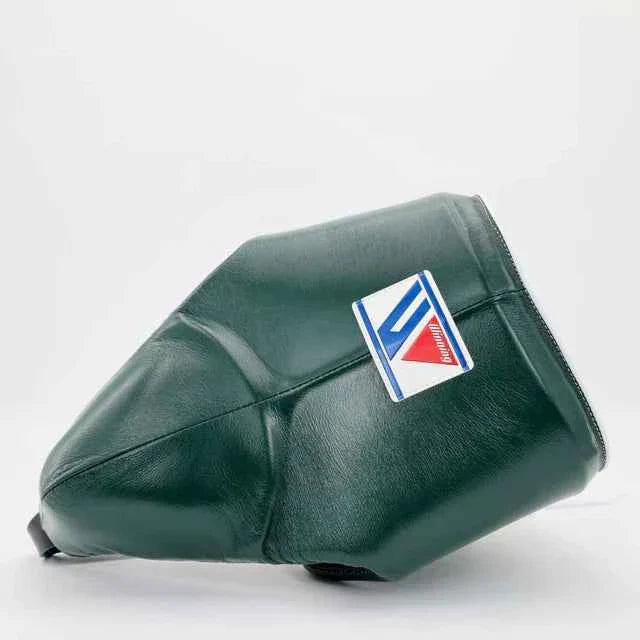 Official Winning CPS-500 professional boxing groin protector in classic dark green premium leather featuring the iconic brand logo crest patch on the side profile.