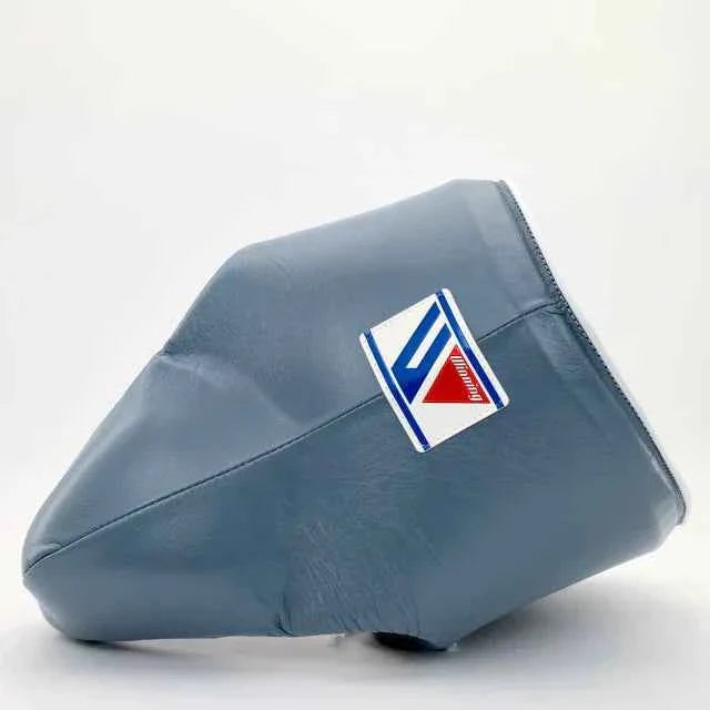 Authentic navy blue Winning CPS-500 professional boxing groin guard in premium leather with iconic logo.