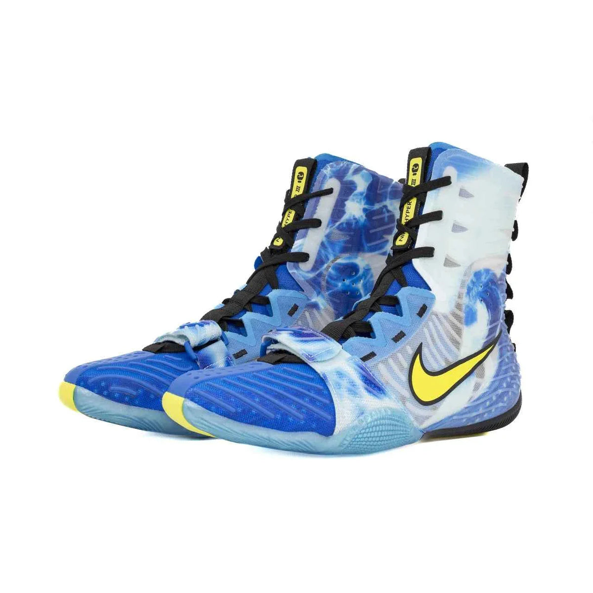 Nike Hyperko 2 professional boxing shoes in blue and white with yellow Nike Swoosh and midfoot strap.