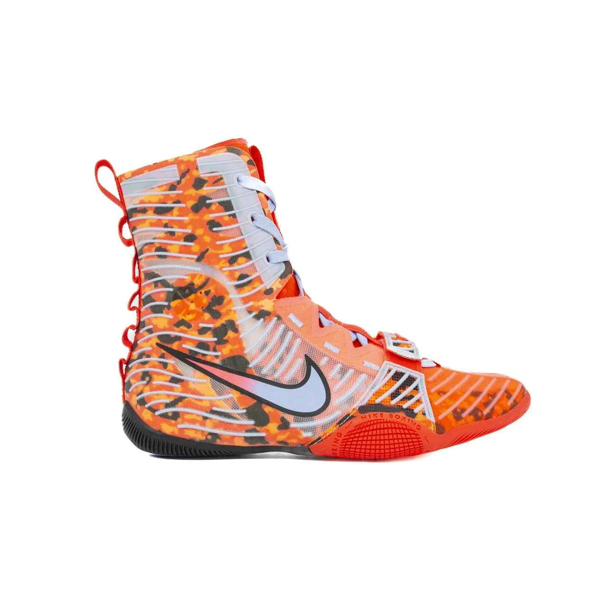 Nike Hyperko 2 professional boxing shoes featuring a vibrant orange digital camouflage pattern and adjustable midfoot strap.