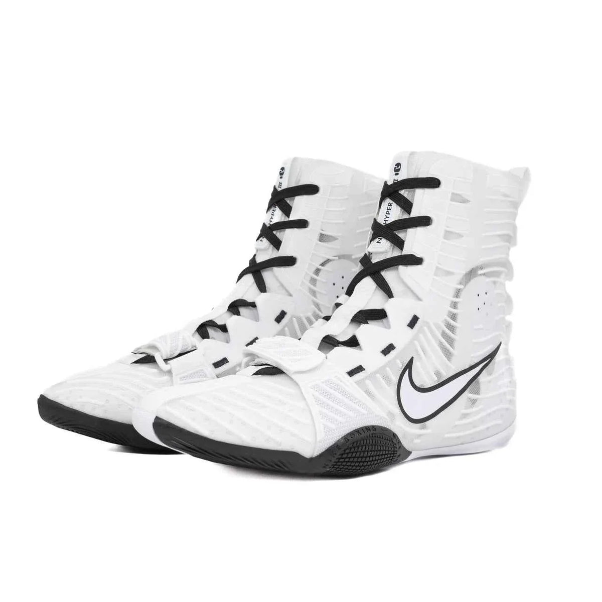 Nike Hyperko 2 professional boxing shoes in white and black featuring Flyknit technology and adjustable midfoot strap.
