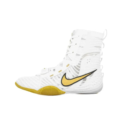 Nike Hyperko 2 boxing shoes white with metallic gold Nike Swoosh and split-sole outsole