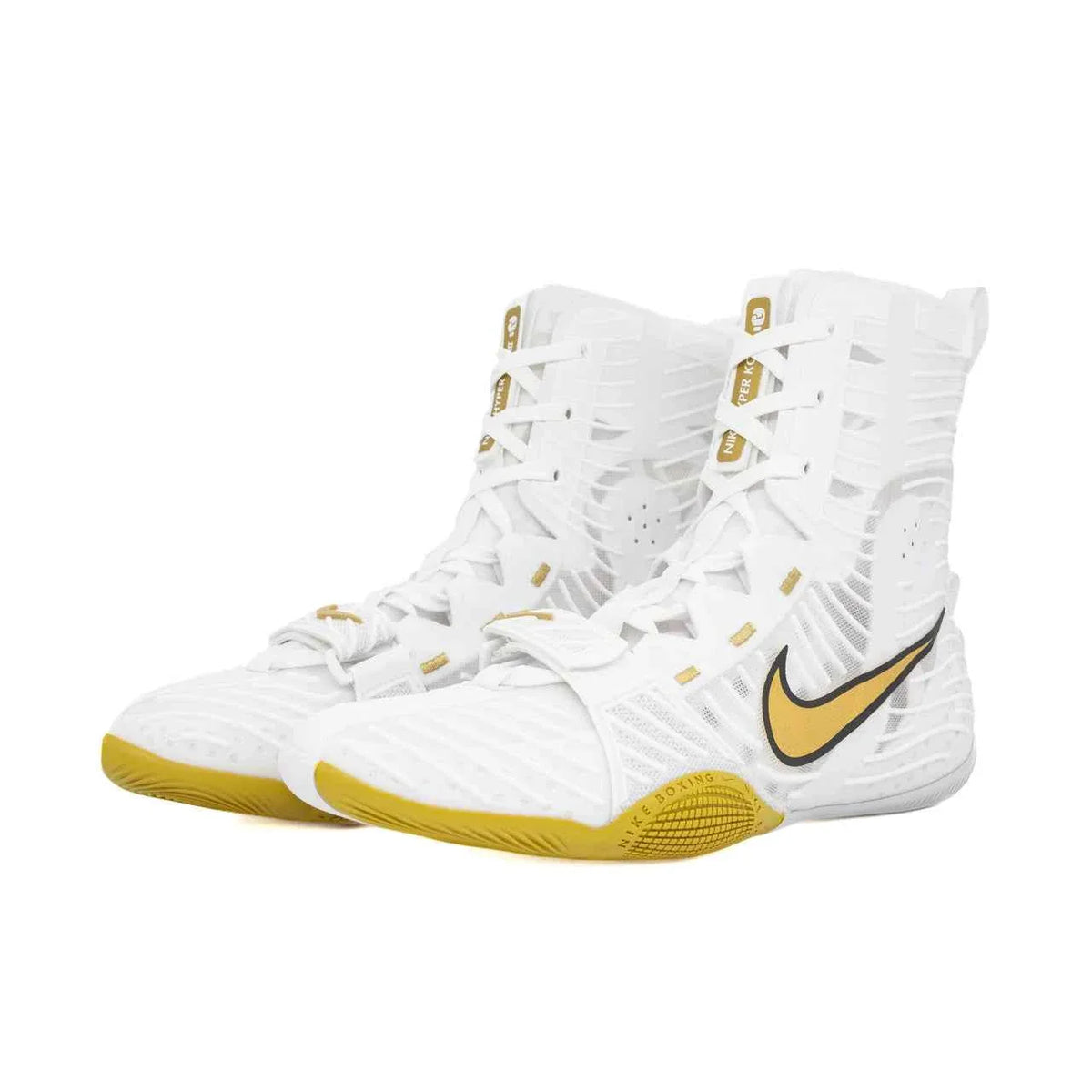 Nike Hyperko 2 professional boxing shoes in white featuring a metallic gold Nike Swoosh and gold split-sole rubber outsole.