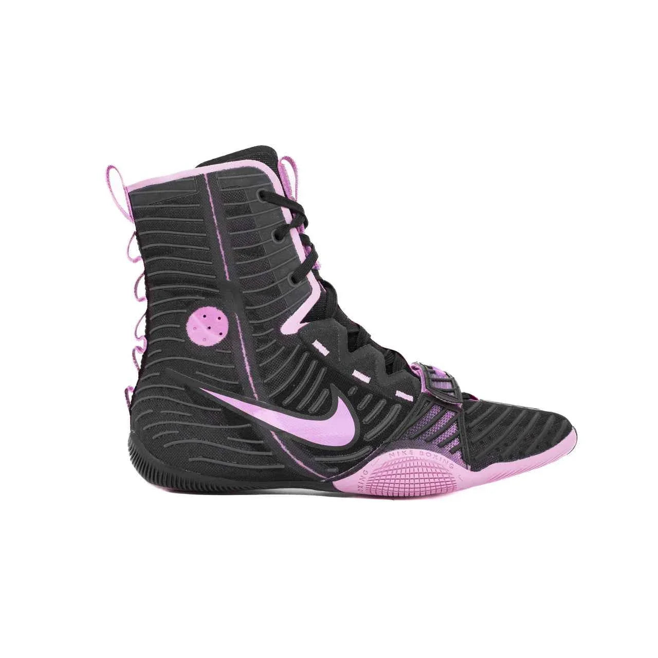 Nike Hyperko 2 professional boxing shoes in black with vibrant pink accents, featuring a split-sole design and adjustable midfoot strap.
