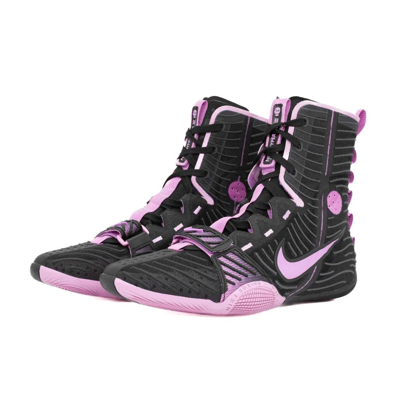 Nike Hyperko 2 professional boxing shoes in black with vibrant pink accents, featuring a split-sole design and adjustable midfoot strap.