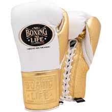 No Boxing No Life professional lace-up boxing gloves in white leather with a metallic gold palm, thumb, and cuff area featuring the official brand patch.