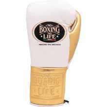 No Boxing No Life professional lace-up boxing gloves in white leather with a metallic gold palm, thumb, and cuff area featuring the official brand patch.