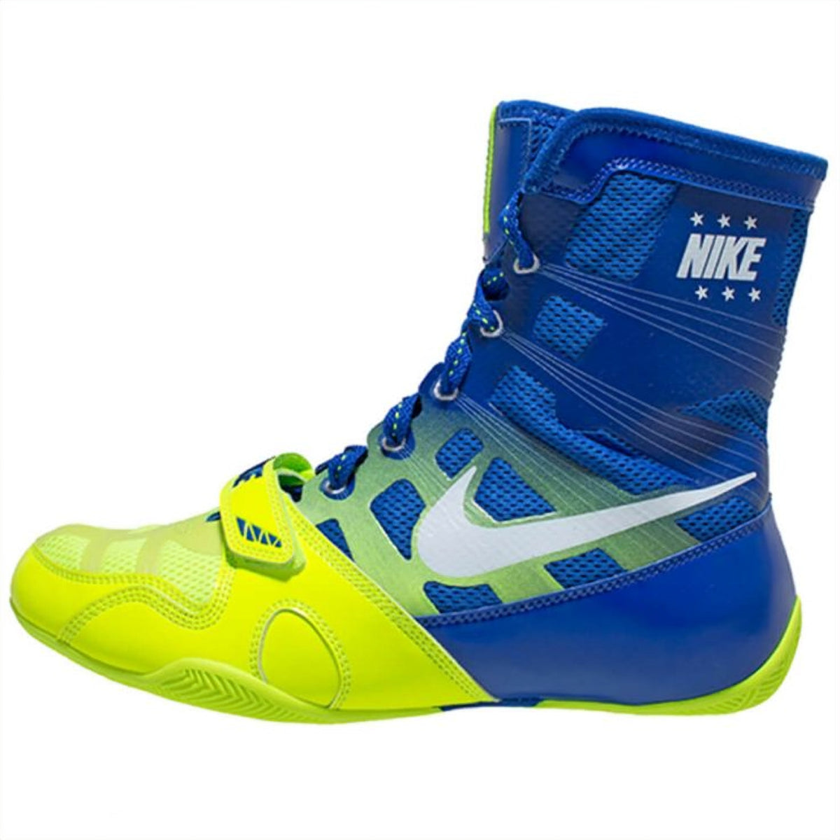 Nike HyperKO 1 boxing shoes in royal blue and volt neon yellow, side view showing Flywire cables, forefoot strap and white Swoosh