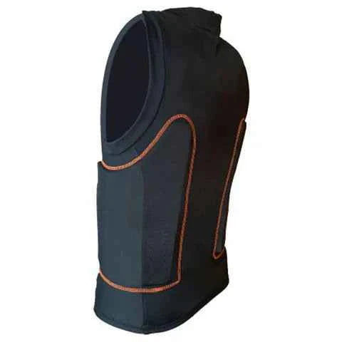 Black and blue sleeveless jacket with orange stitching on a white background