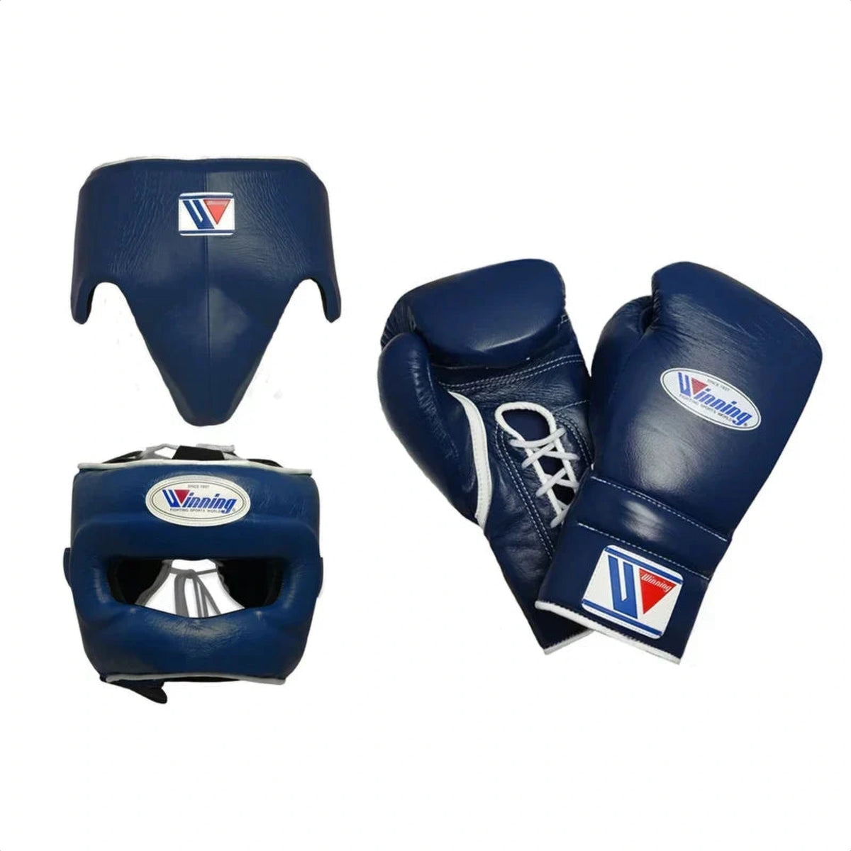 Winning Dark Blue 3-piece boxing sparring set with lace-up gloves, FG-2900 headgear, and CPS-500 groin guard