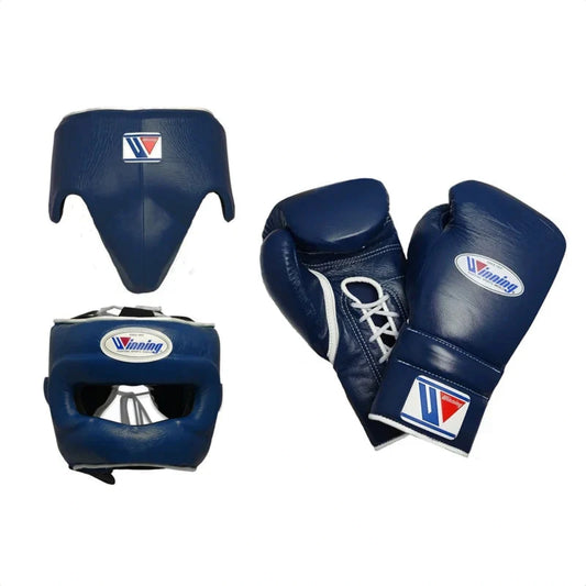 Winning Dark Blue 3-piece boxing sparring set with lace-up gloves, FG-2900 headgear, and CPS-500 groin guard