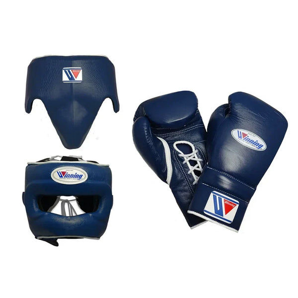 Winning 3-Piece Boxing Sparring Set Dark Blue | 8oz-16oz Gloves, Headgear & Groin Guard