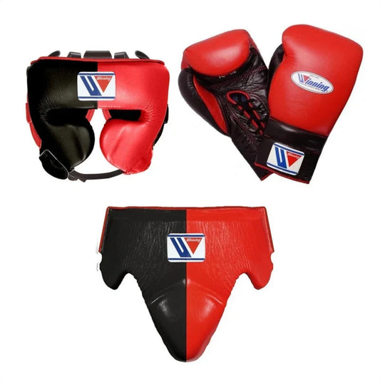 Winning Black/Red 3-piece boxing sparring set with lace-up gloves, FG-2900 headgear, and CPS-500 groin guard