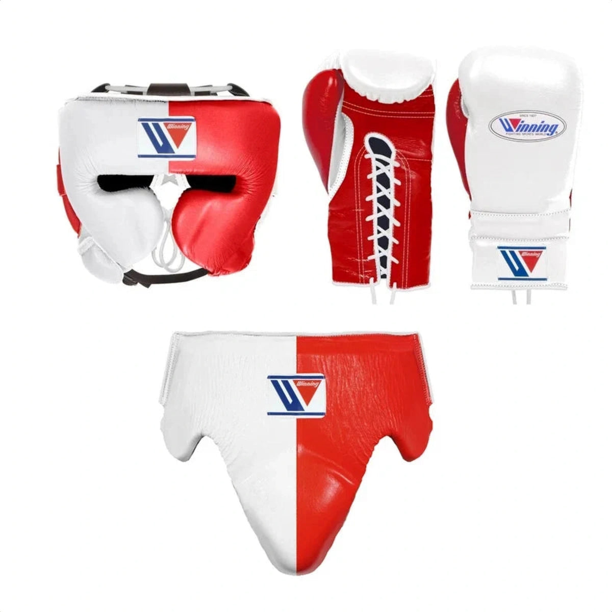 Winning White/Red 3-piece boxing sparring set with lace-up gloves, FG-2900 headgear, and CPS-500 groin guard