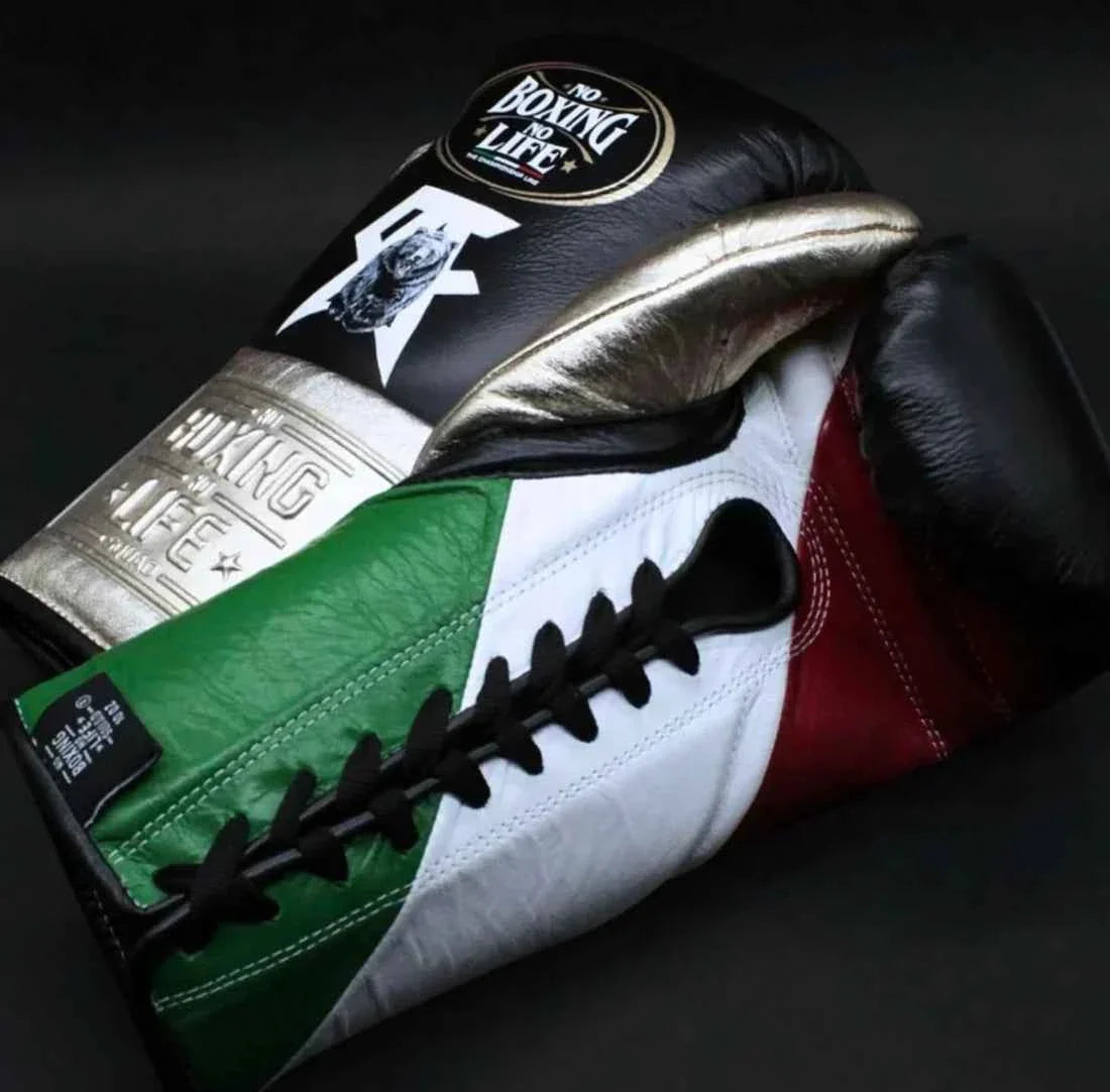 Authentic No Boxing No Life professional lace-up gloves in custom black and metallic gold with Mexican flag palm and grizzly bear graphic.