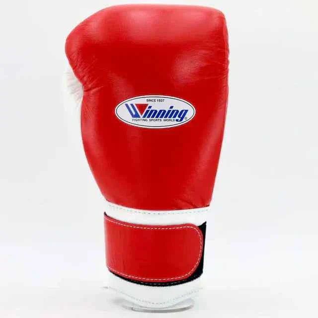 Authentic Winning MS-600-B professional velcro boxing gloves in red and white premium leather.