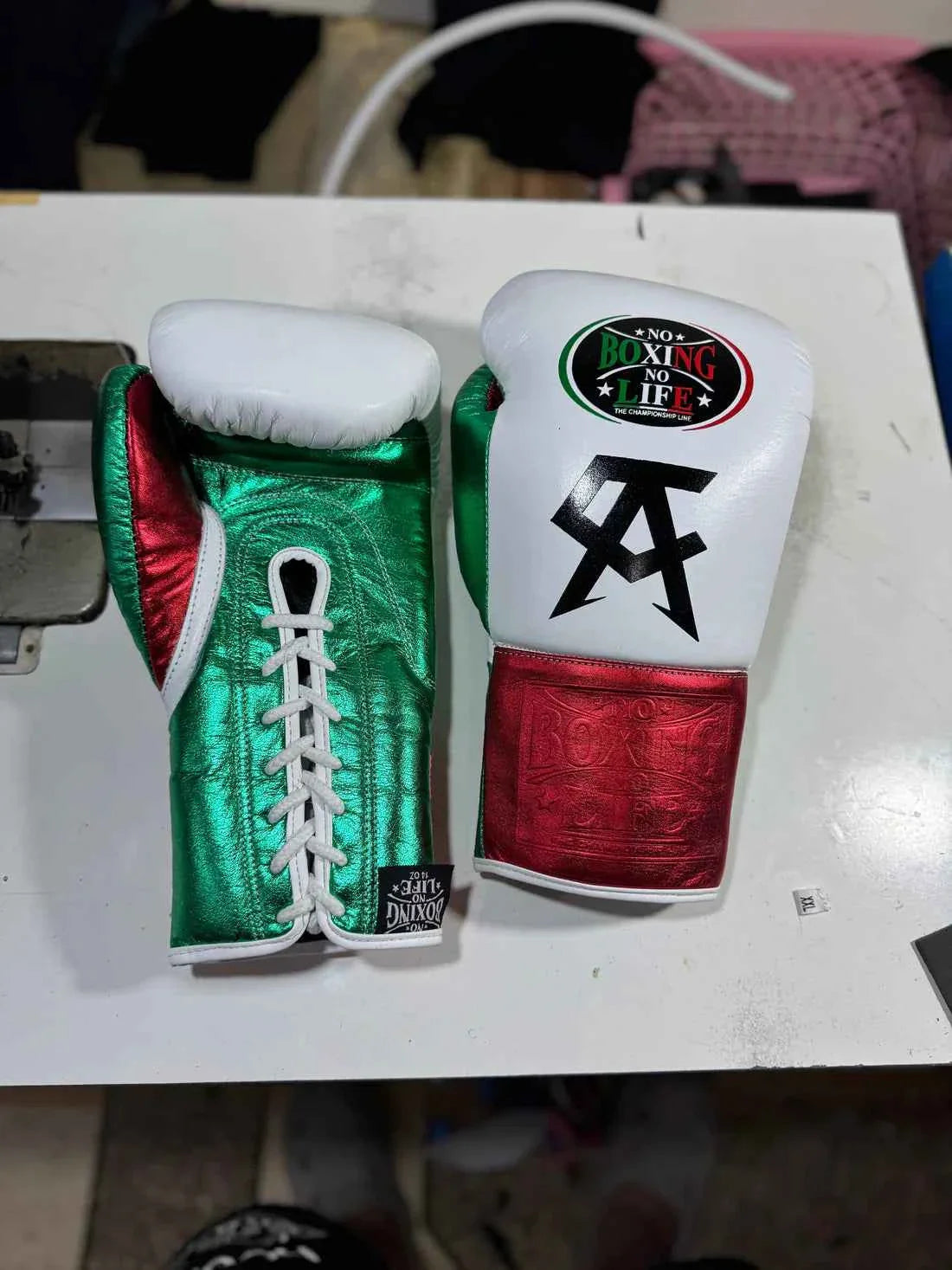 Authentic No Boxing No Life professional lace-up gloves in custom white, metallic red, and green Mexican flag colorway.