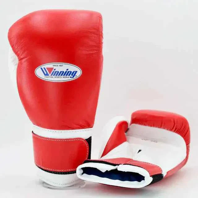Authentic Winning MS-600-B professional velcro boxing gloves in red and white premium leather.