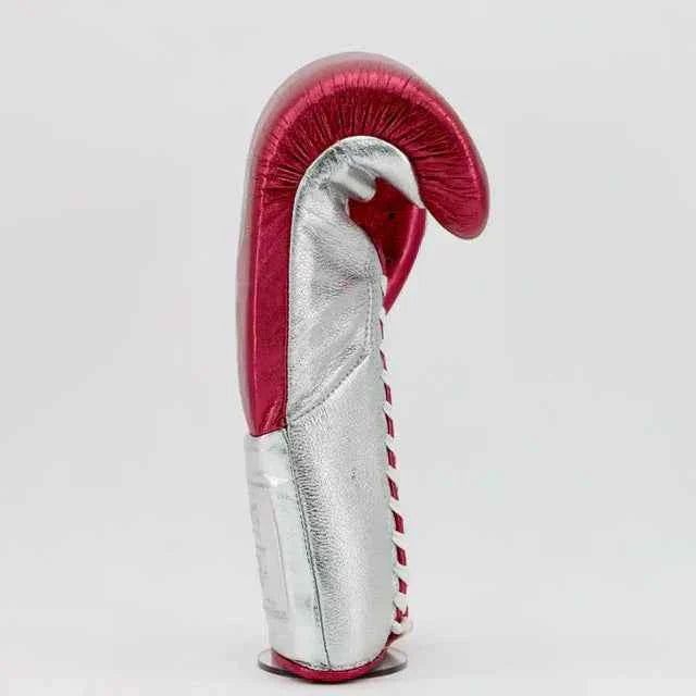 Authentic No Boxing No Life professional lace-up training gloves in custom metallic pink and silver premium leather with iconic logo.