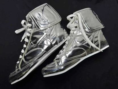 Custom high-top boxing boots in full metallic silver, side view