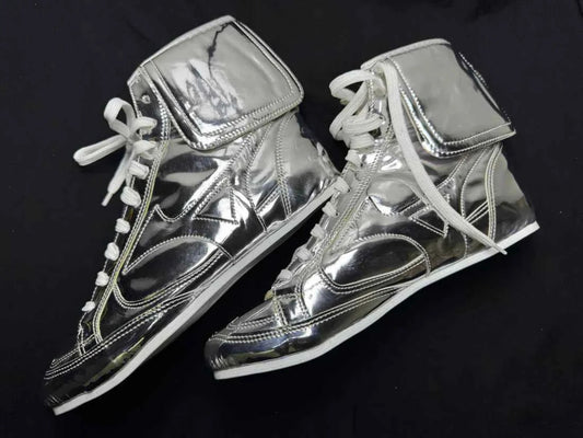 Custom high-top boxing boots in full metallic silver, side view