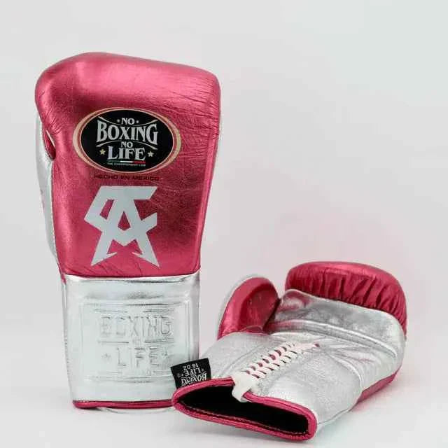 Authentic No Boxing No Life professional lace-up training gloves in custom metallic pink and silver premium leather with iconic logo.