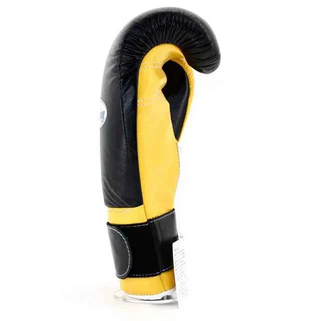 Authentic Winning MS-600-B professional velcro boxing gloves in black and yellow premium leather.