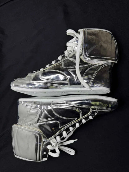 Rear view of custom metallic silver boxing boots showing heel and sole
