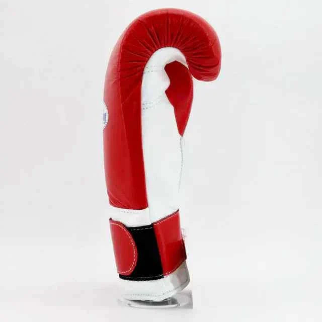 Authentic Winning MS-600-B professional velcro boxing gloves in red and white premium leather.