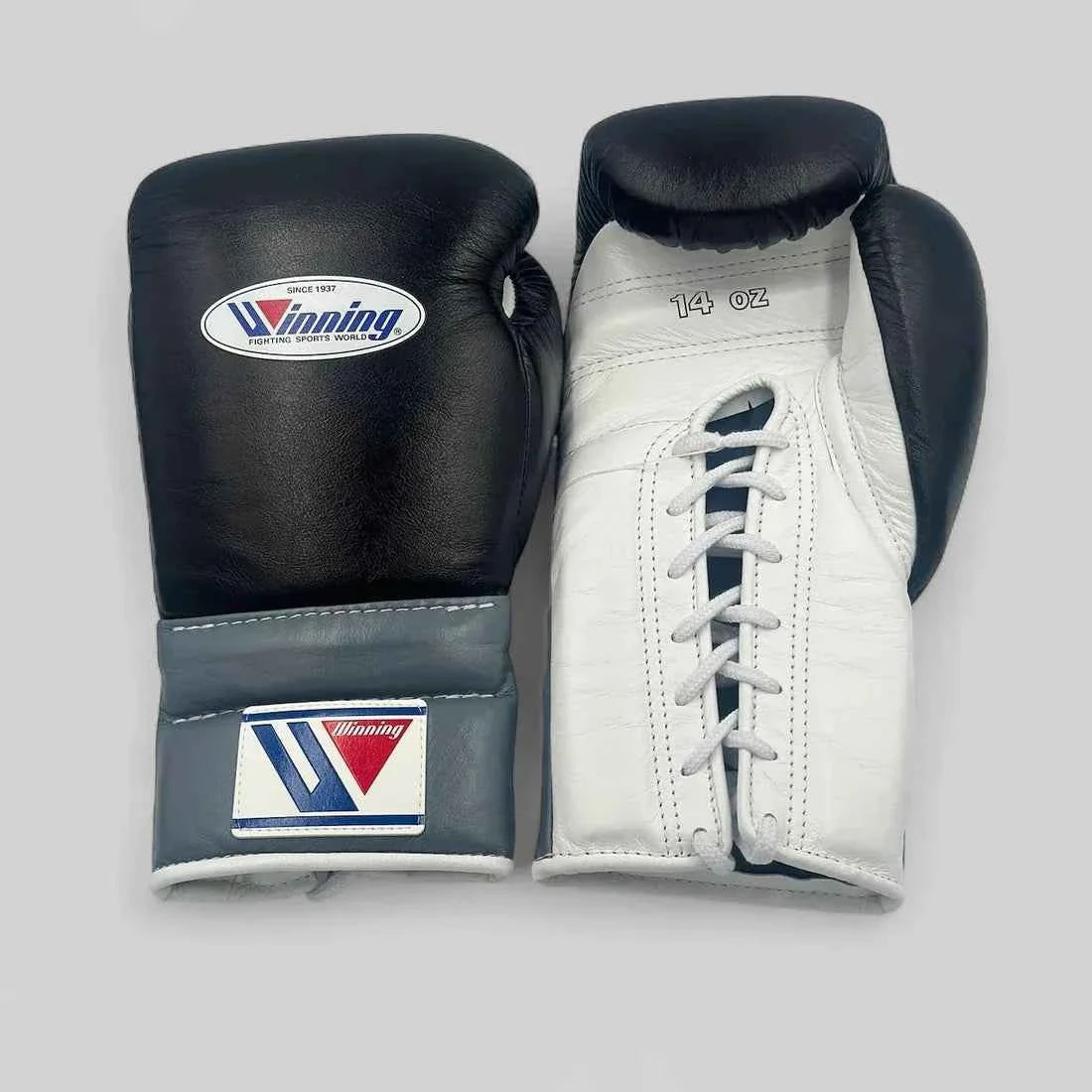 Authentic Black, Grey, and White Winning MS-500 professional lace-up boxing gloves handcrafted in Japan with premium leather.
