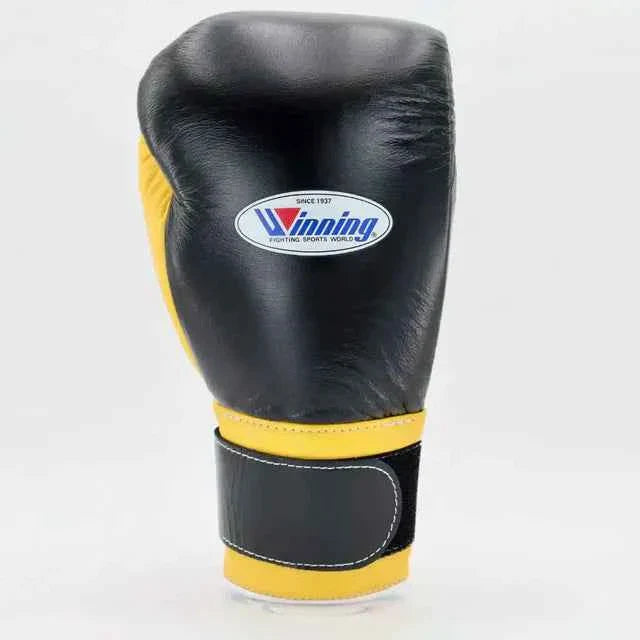 Authentic Winning MS-600-B professional velcro boxing gloves in black and yellow premium leather.