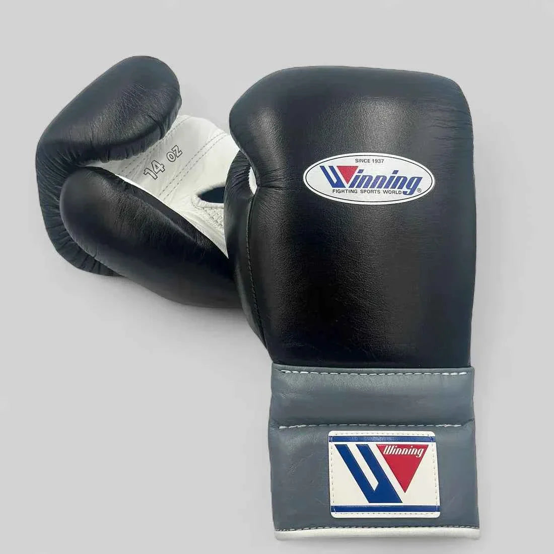 Authentic Black, Grey, and White Winning MS-500 professional lace-up boxing gloves handcrafted in Japan with premium leather.