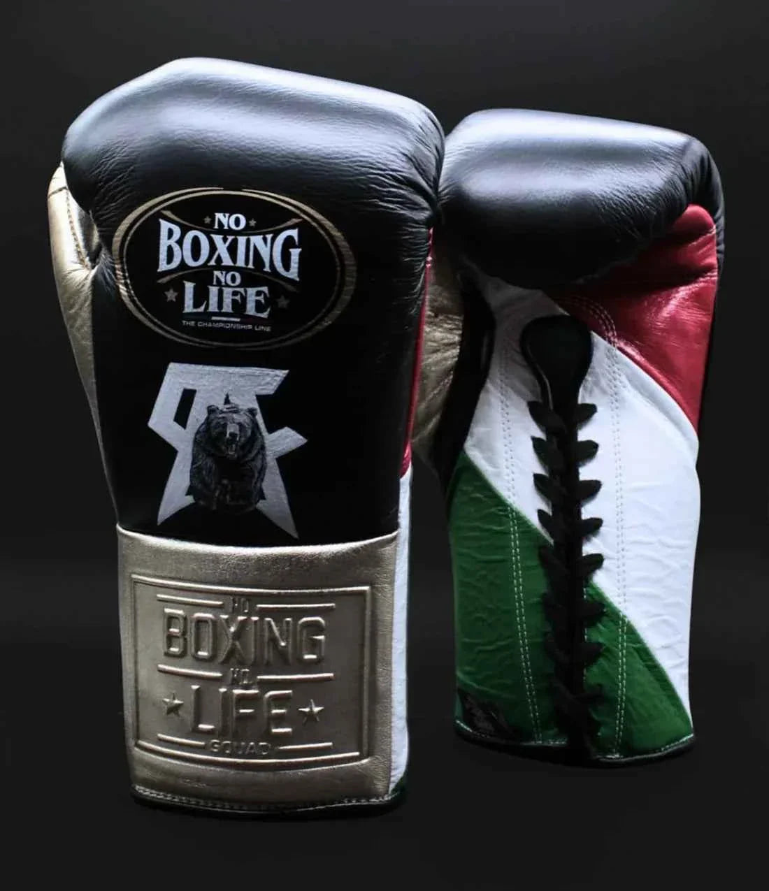 Authentic No Boxing No Life professional lace-up gloves in custom black and metallic gold with Mexican flag palm and grizzly bear graphic.