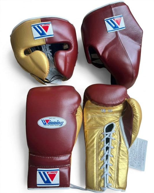 Winning Maroon/Gold 3-piece boxing sparring set with lace-up gloves, FG-2900 headgear, and CPS-500 groin guard