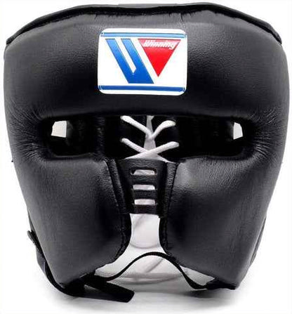 Winning FG-2900 Matte Black boxing headgear with brand logo and white laces